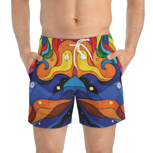 Colorful psychedelic Layered Spectrum Swim Trunks for men’s beachwear at PixiOnyx Summerwear