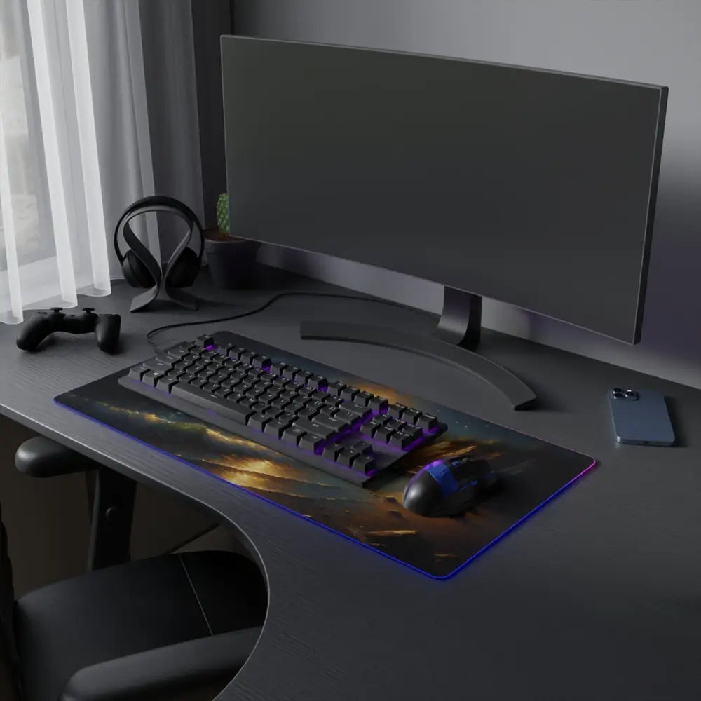 Gaming computer setup with LED Gaming Mouse Pad Beacon of the Quiet Tide PixiOnyx