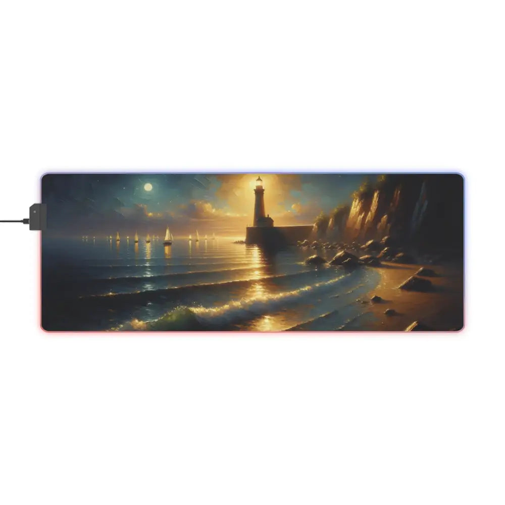 Illuminated lighthouse beach mousepad featuring Beacon of the Quiet Tide design