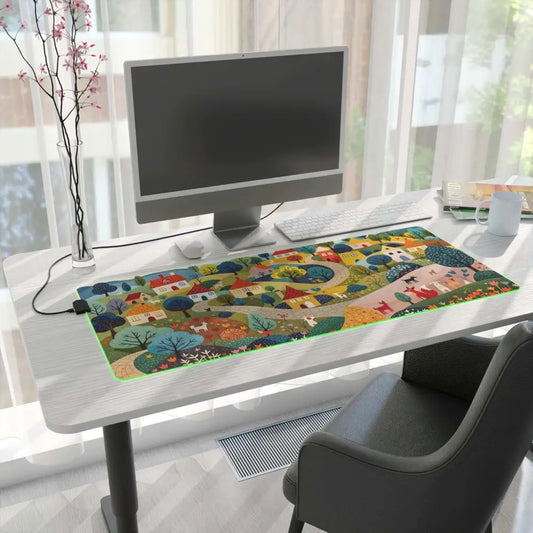Extra-long RGB gaming mouse pad with colorful hillside harmony village design by Honson Ventures Limited