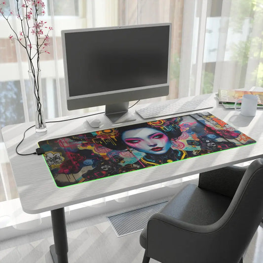 Colorful Geisha-themed LED Gaming Mouse Pad with intricate design and vibrant illumination