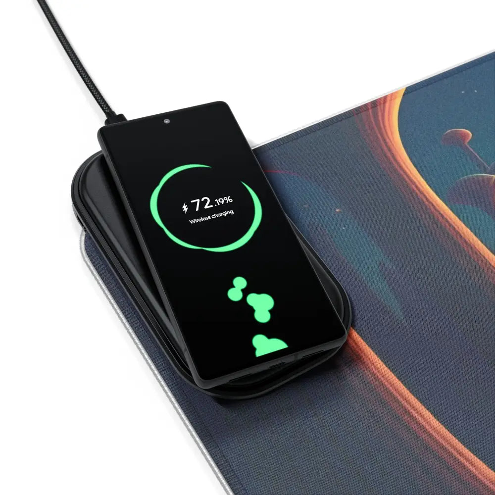 Wireless charging smartphone on PixiOnyx LED Gaming Mouse Pad Mushroom Valley Mindwalk