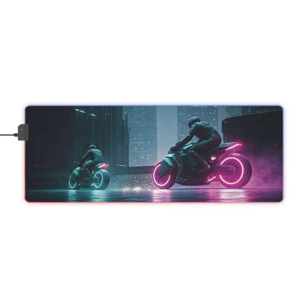 Cyberpunk motorcycle LED gaming mouse pad with neon RGB glow for vibrant gaming setup
