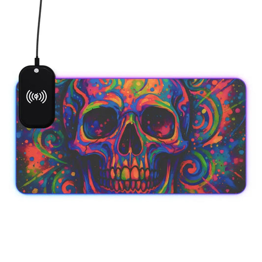 Colorful Skull Mousepad with Wireless Charging Pad for Gaming and RGB Desk Setup
