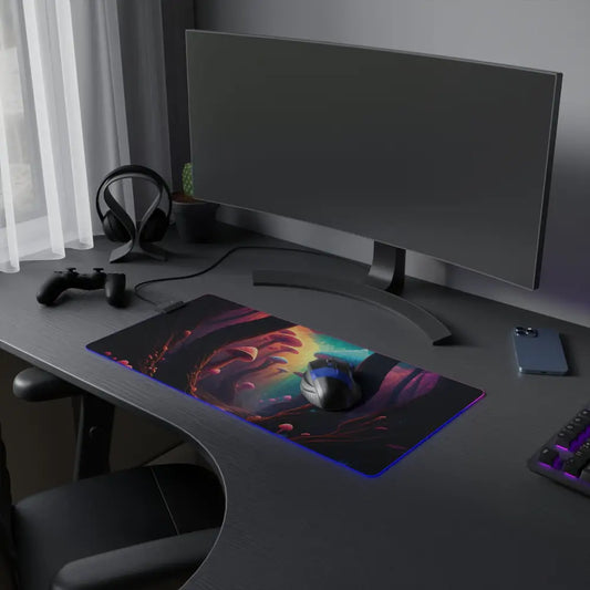Illuminated RGB Gaming Mouse Pad with colorful abstract design for immersive gaming setup