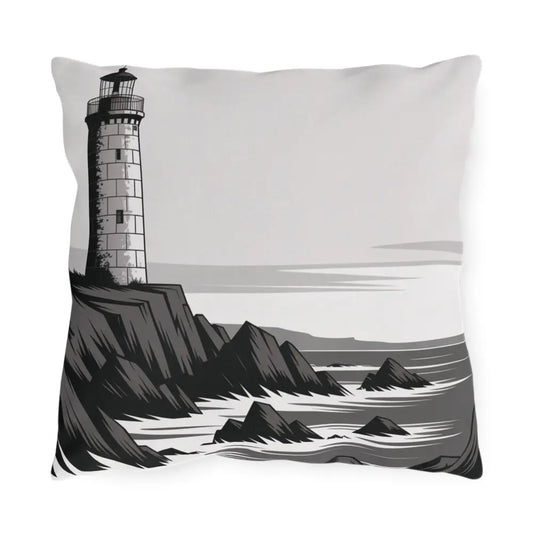 Decorative outdoor pillow with lighthouse and coastal scene in vibrant colors for beach house decor