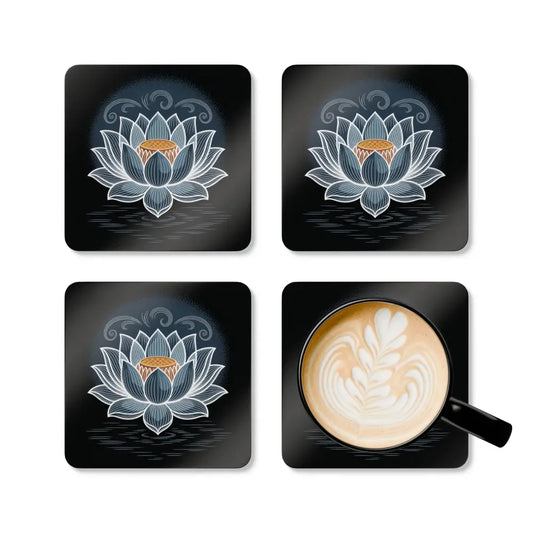 Black coaster set with lotus design and latte art, gently wipe with dry microfiber cloth