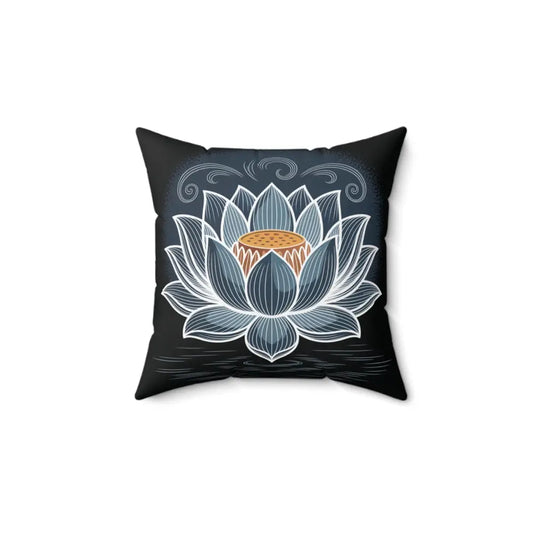 Black throw pillow cover with white and blue lotus flower design, double-sided print