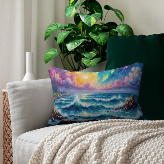 Rectangular lumbar pillow featuring celestial tide coastal and celestial landscape painting