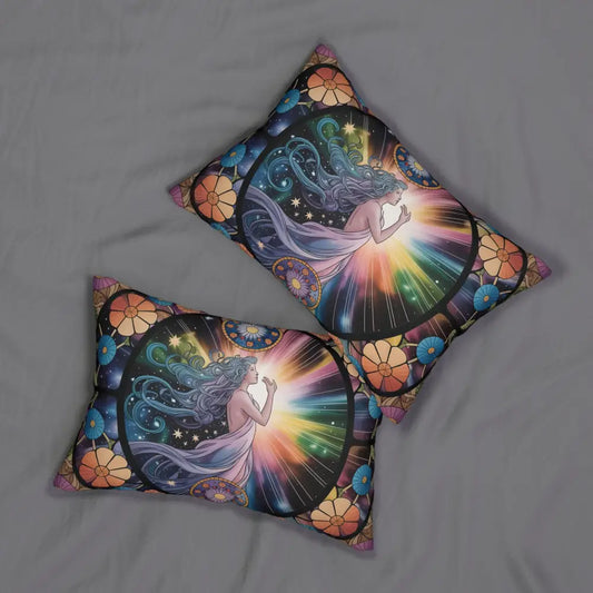 Decorative lumbar pillow featuring a celestial woman design from Lumbar Pillow Cosmic Bloom PixiOnyx
