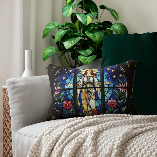 Stained glass window design lumbar pillow showcasing Sacred Stained Glass Art Cushion style