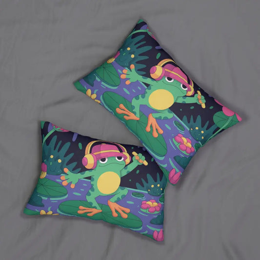 Two frog-themed decorative pillows from PixiOnyx Funky Frog Frolic collection