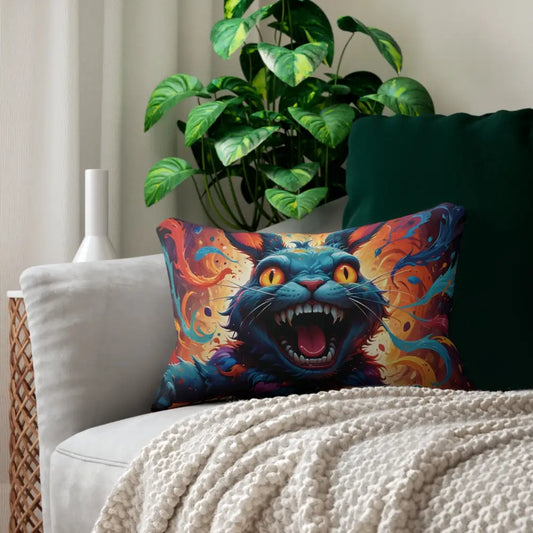 Colorful cat pillow with bared teeth for Lumbar Pillow Inferno Giggle by PixiOnyx