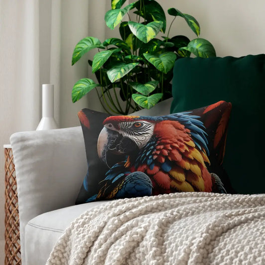 Parrot-themed decorative lumbar pillow from Macaw Ascension PixiOnyx Tropical Flightline Series
