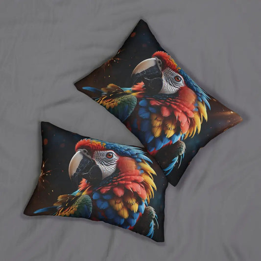 Two parrot-themed throw pillows on a tropical decor lumbar pillow display
