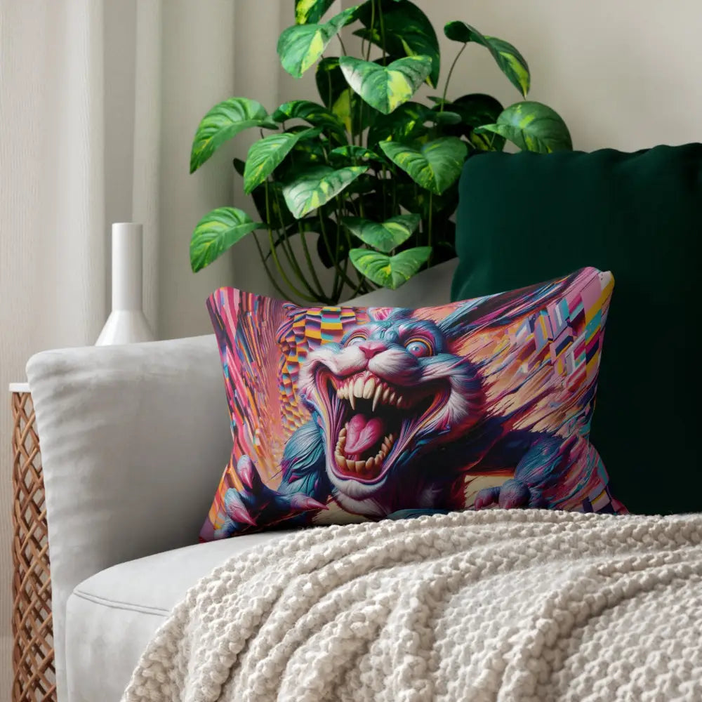 Colorful scary rabbit pillow from Lumbar Pillow Pixel Panic PixiOnyx Surreal Lounge Accent