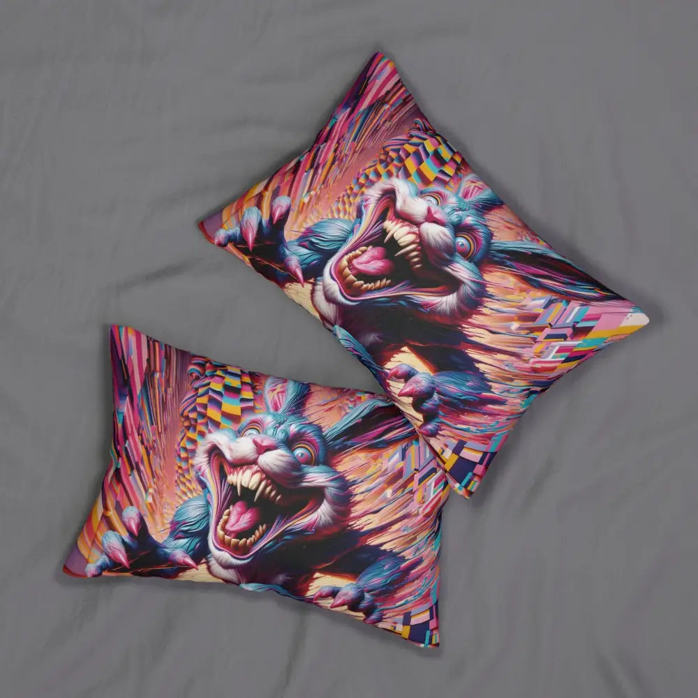 Decorative lumbar pillow with psychedelic rabbit design in PixiOnyx Pixel Panic collection