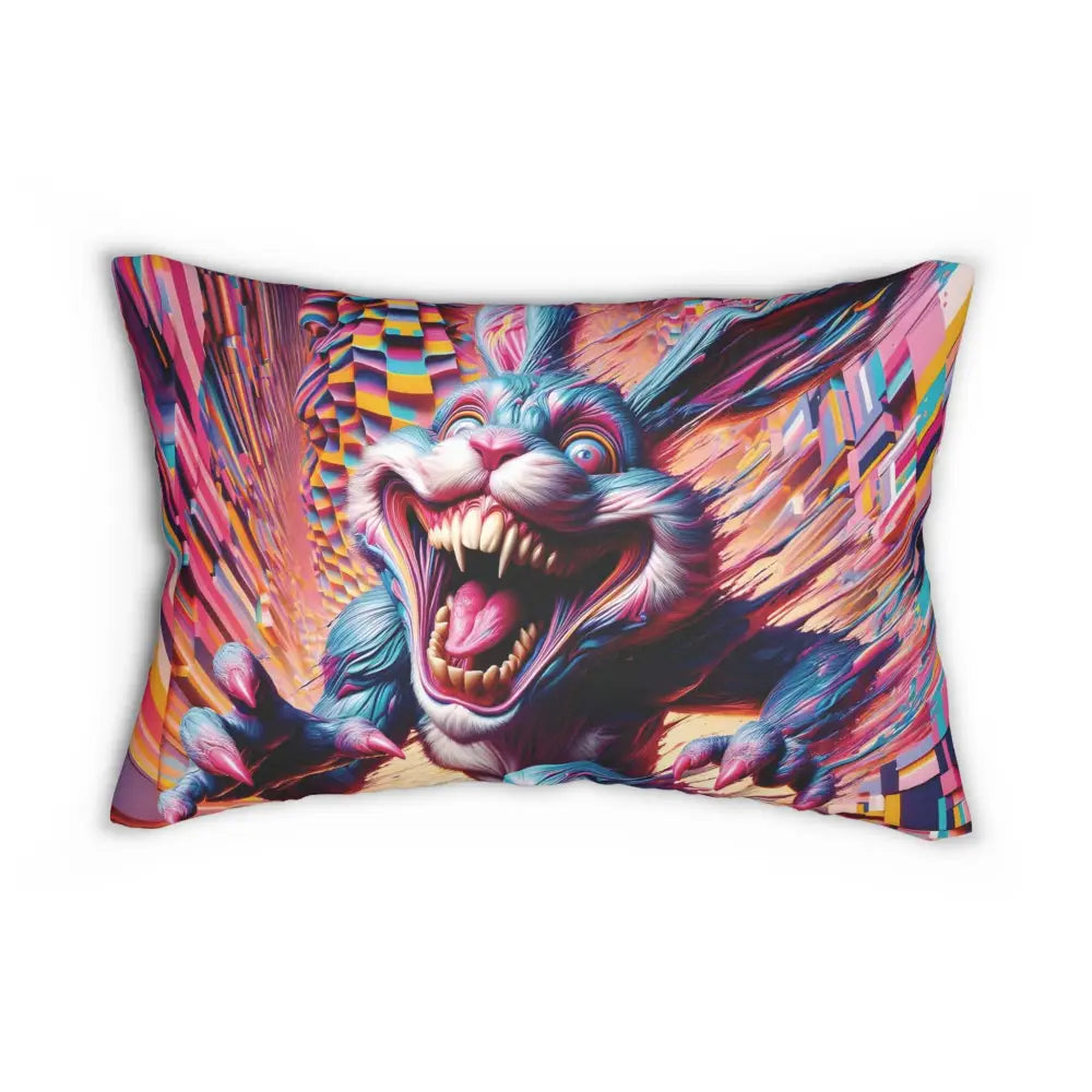 Rectangular lumbar pillow featuring a scary rabbit pixel art design from PixiOnyx Surreal Lounge