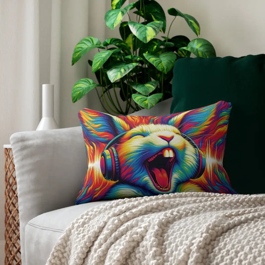 Colorful rabbit pillow with headphones from Lumbar Pillow Sonic Scream PixiOnyx Surreal Lounge