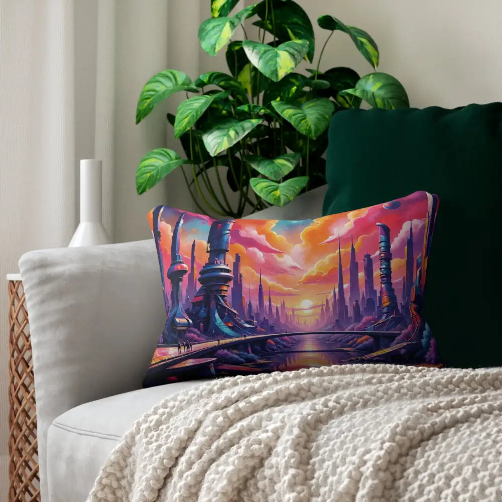 Vibrant lumbar pillow with futuristic cityscape at sunset for sci-fi home decor