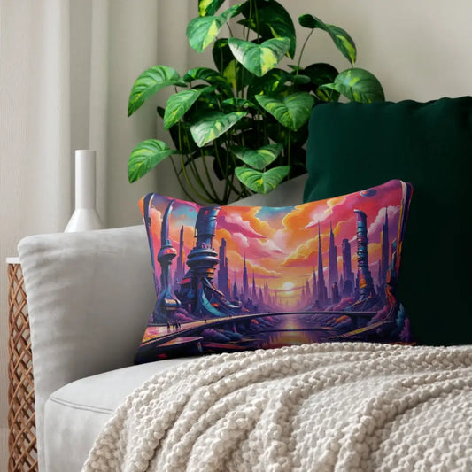 Vibrant lumbar pillow with futuristic cityscape at sunset for sci-fi home decor