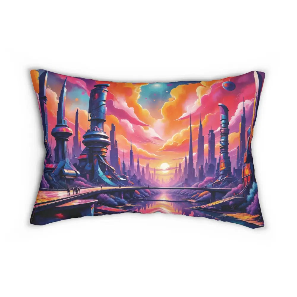 Vibrant lumbar pillow with futuristic city and sunset design for modern home decor