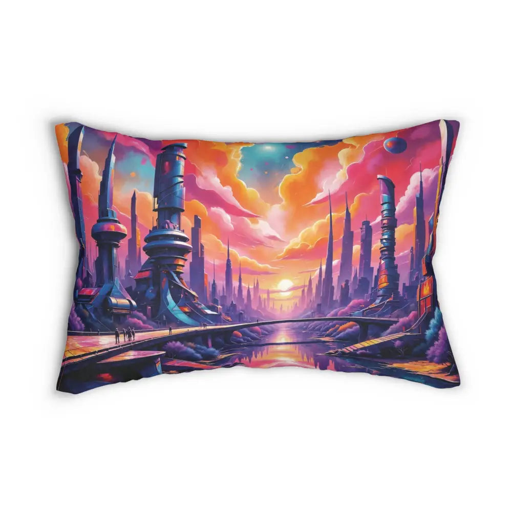 Vibrant lumbar pillow with futuristic city and sunset design for modern home decor