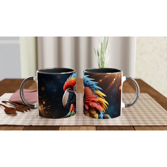 Two parrot-themed white ceramic mugs with colorful insides from PixiOnyx Jungle Heat collection