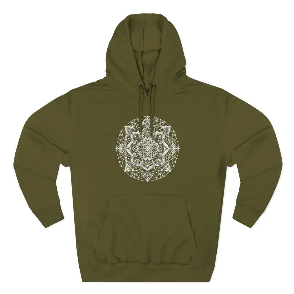 Olive green three-panel fleece hoodie with white mandala design and adjustable hood