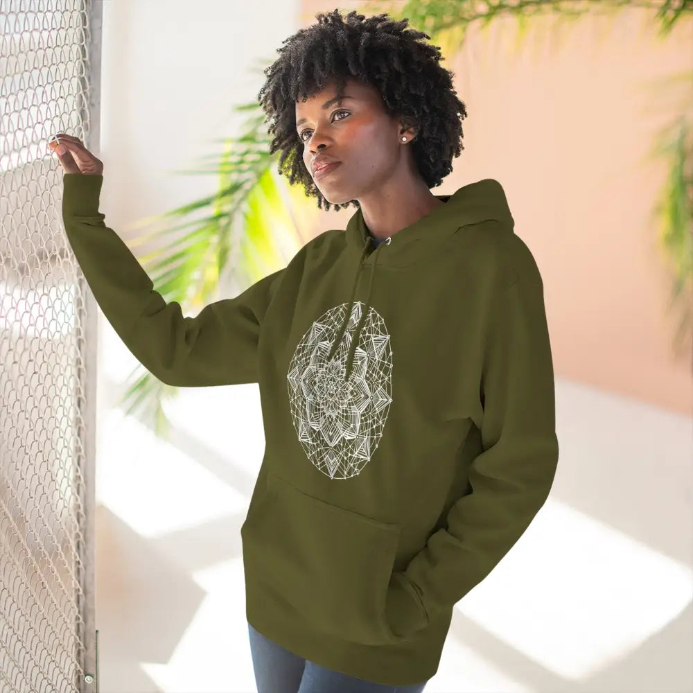 Dark olive green three-panel fleece hoodie with white mandala design and adjustable hood