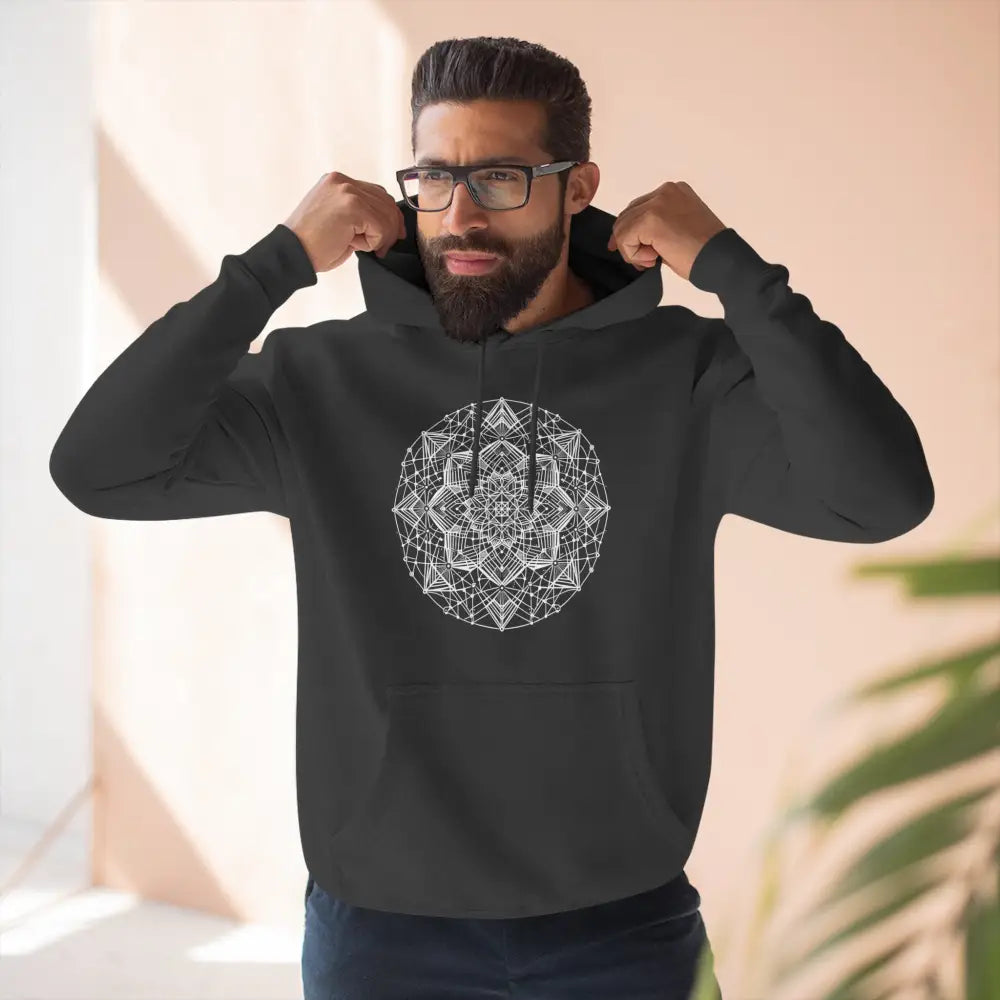 Men’s black three-panel fleece hoodie with white mandala design and adjustable hood