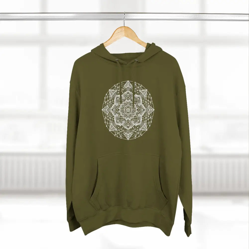Olive green three-panel fleece hoodie with white geometric mandala design and adjustable hood