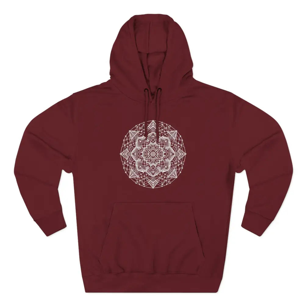 Maroon three-panel fleece hoodie with white mandala design and adjustable hood for cozy comfort