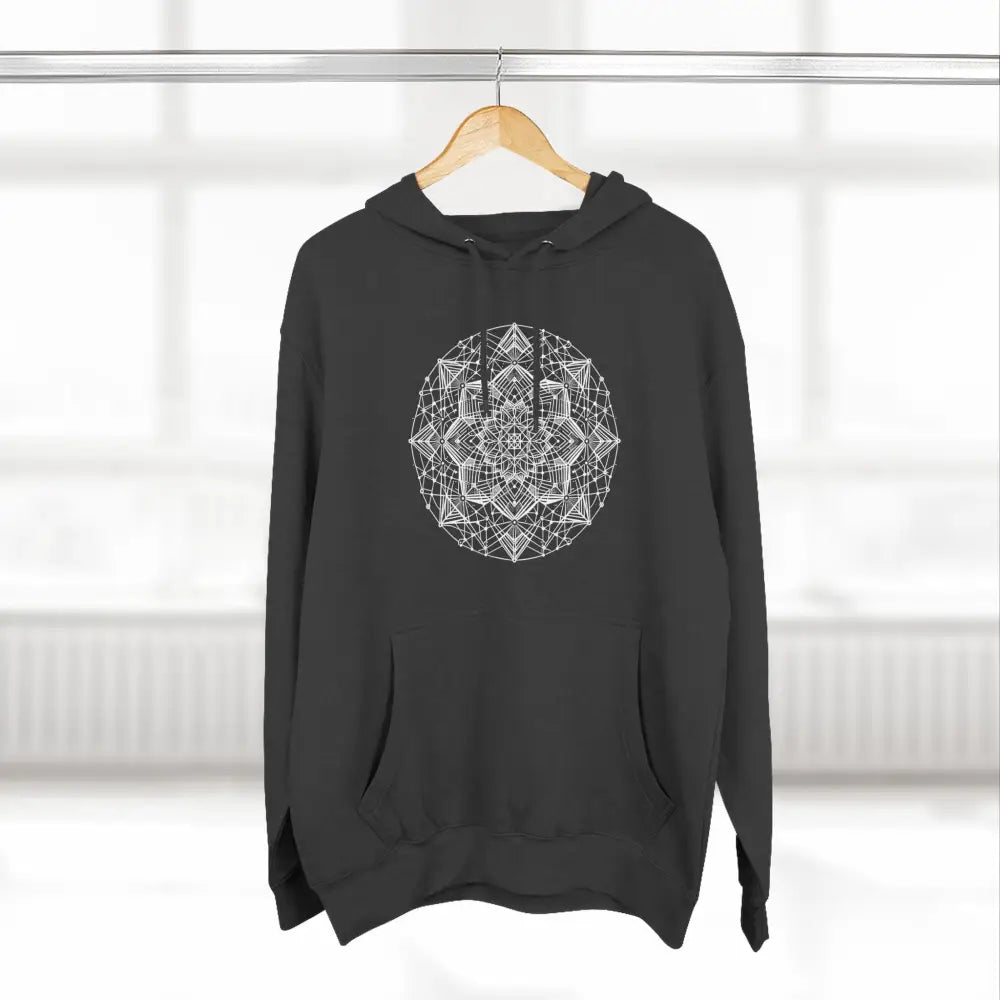 Black three-panel fleece hoodie with white geometric mandala design and adjustable hood