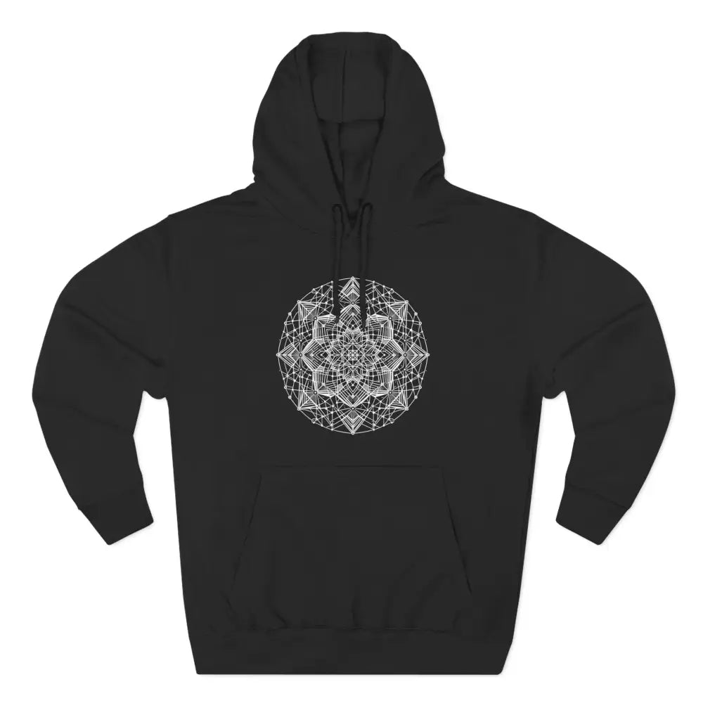 Black three-panel fleece hoodie with adjustable hood and white geometric mandala design