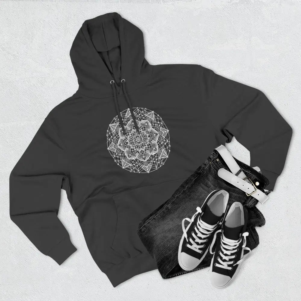 Dark gray three-panel fleece hoodie with white mandala design and adjustable hood