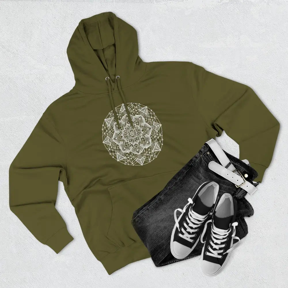 Olive green three-panel fleece hoodie with adjustable hood and white mandala design for cozy comfort
