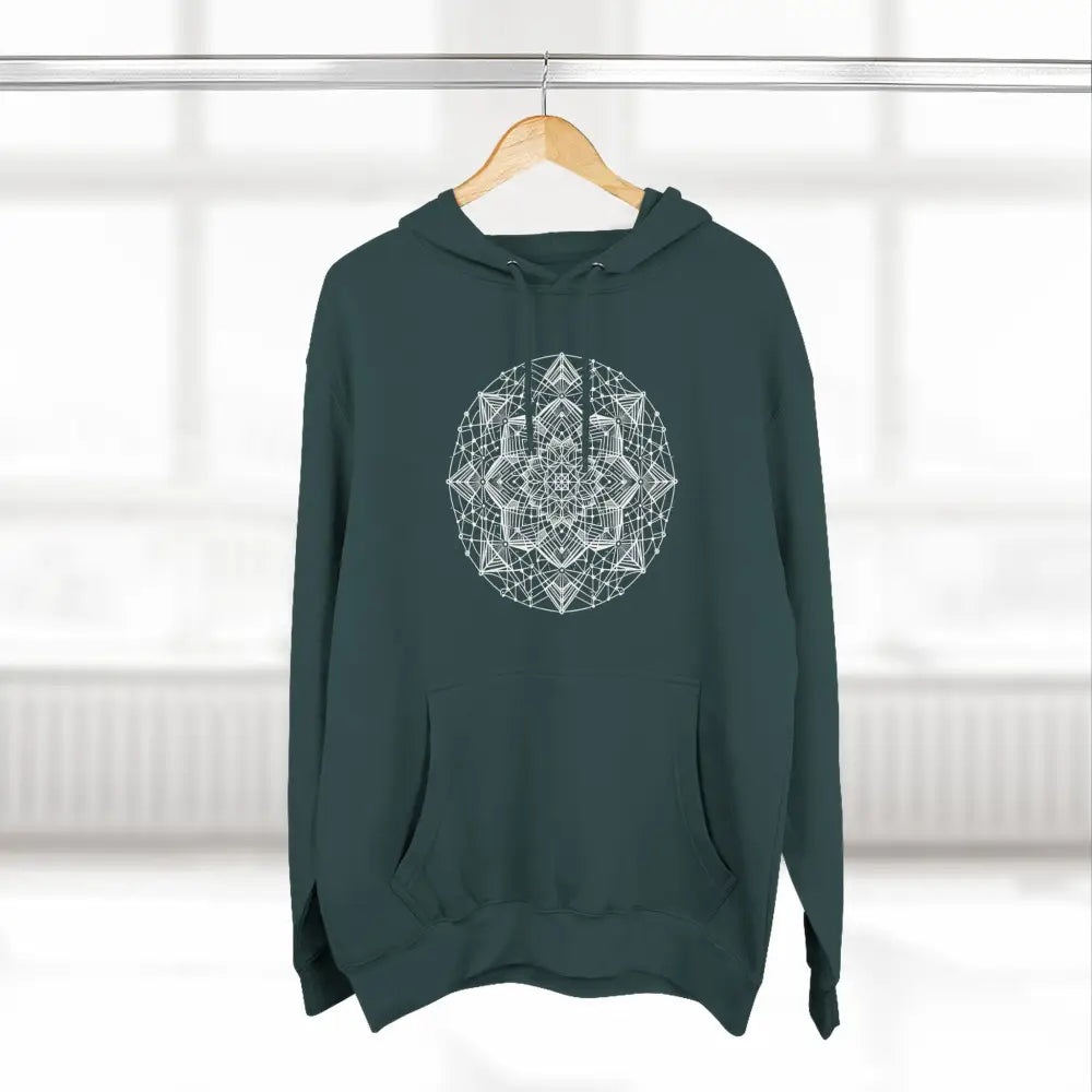 Dark green three-panel fleece hoodie with white geometric mandala design and adjustable hood