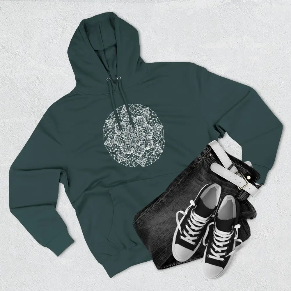 Dark teal three-panel fleece hoodie with white mandala design and adjustable hood
