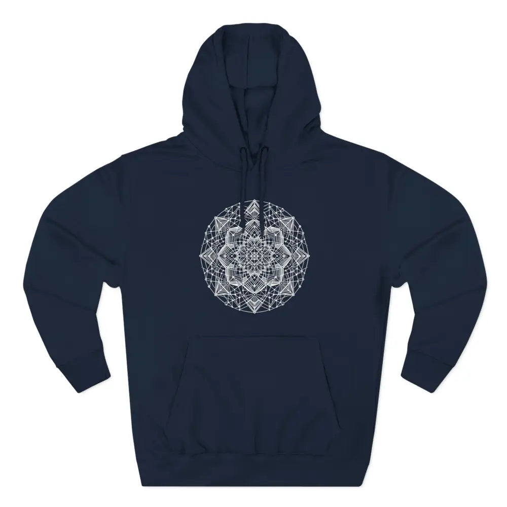 Navy blue three-panel fleece hoodie with white geometric mandala design and adjustable hood