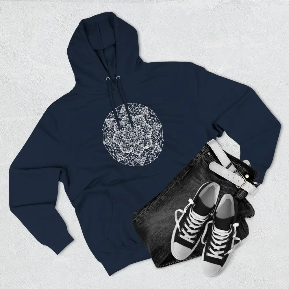 Navy blue three-panel fleece hoodie with white mandala design and adjustable hood
