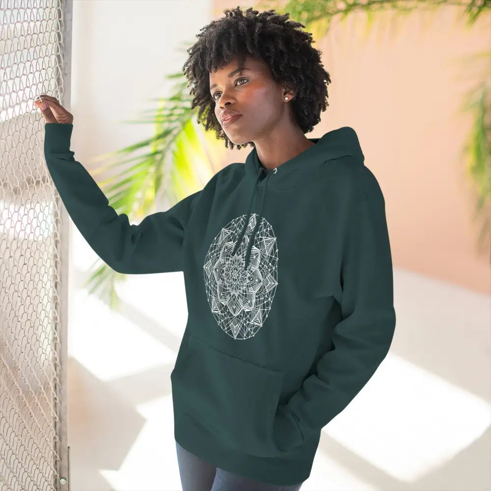 Dark teal three-panel fleece hoodie with white mandala design and adjustable hood
