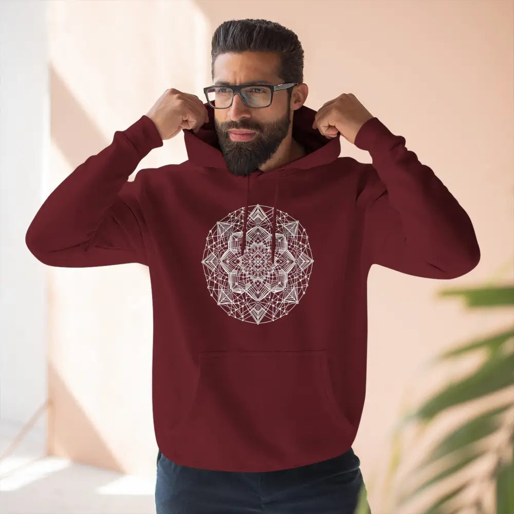 Men’s maroon three-panel fleece hoodie with white mandala design and adjustable hood