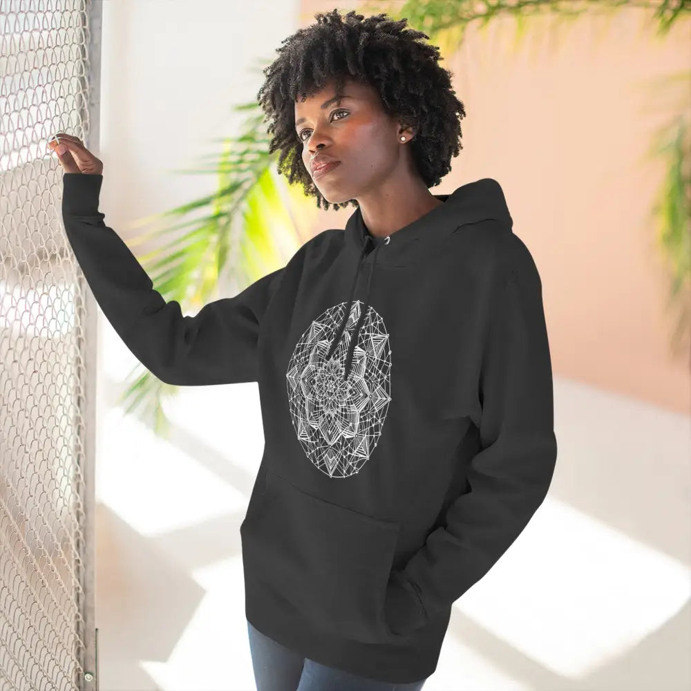 Black hooded sweatshirt with white mandala design, three-panel fleece hoodie, cozy fleece hoodie for meditation and casual wear