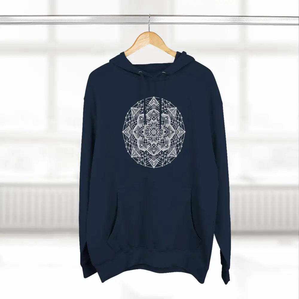 Dark blue three-panel fleece hoodie with white geometric mandala design and adjustable hood