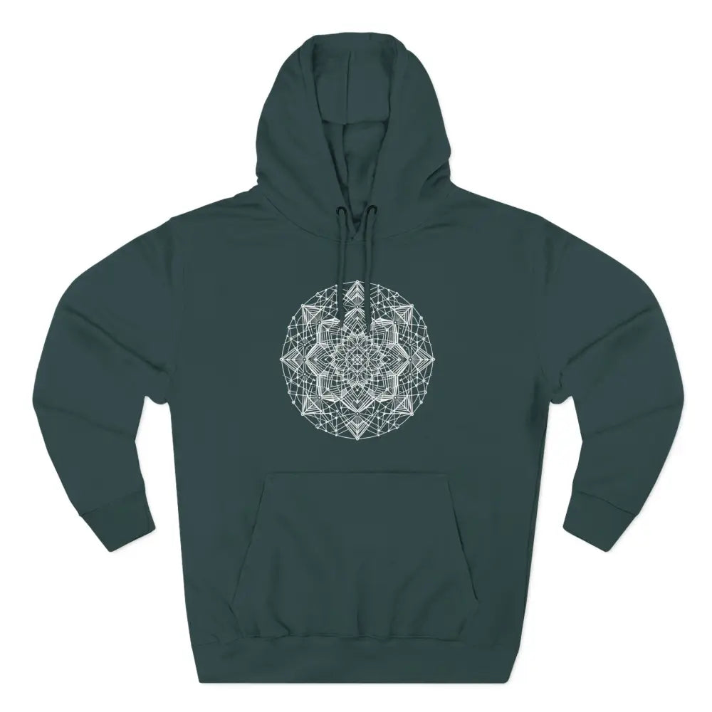 Dark teal three-panel fleece hoodie with white mandala design and adjustable hood