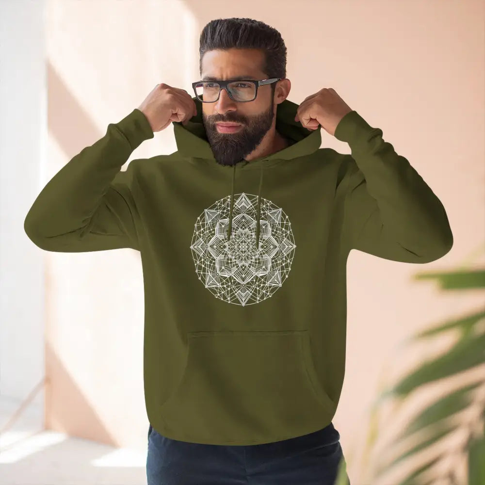 Olive green three-panel fleece hoodie with white mandala design and adjustable hood