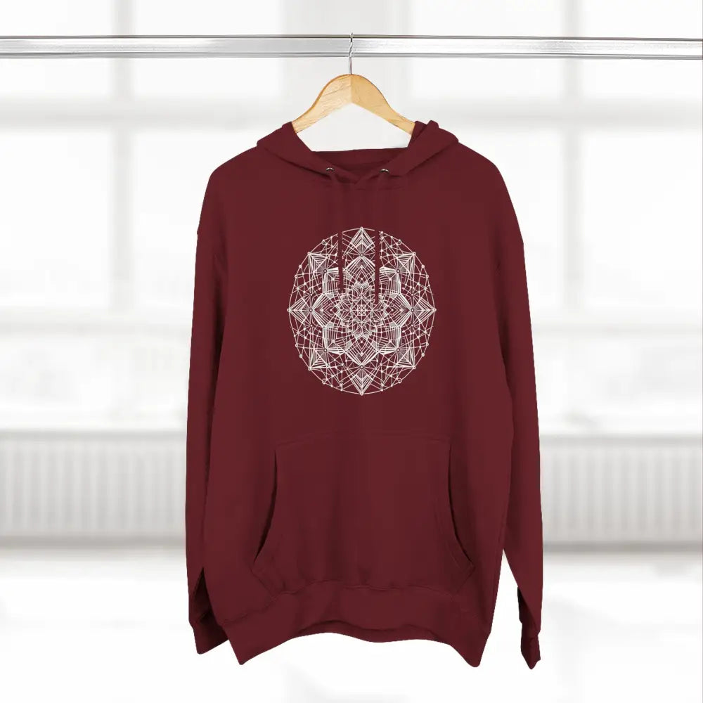 Maroon three-panel fleece hoodie with white mandala design and adjustable hood for cozy comfort