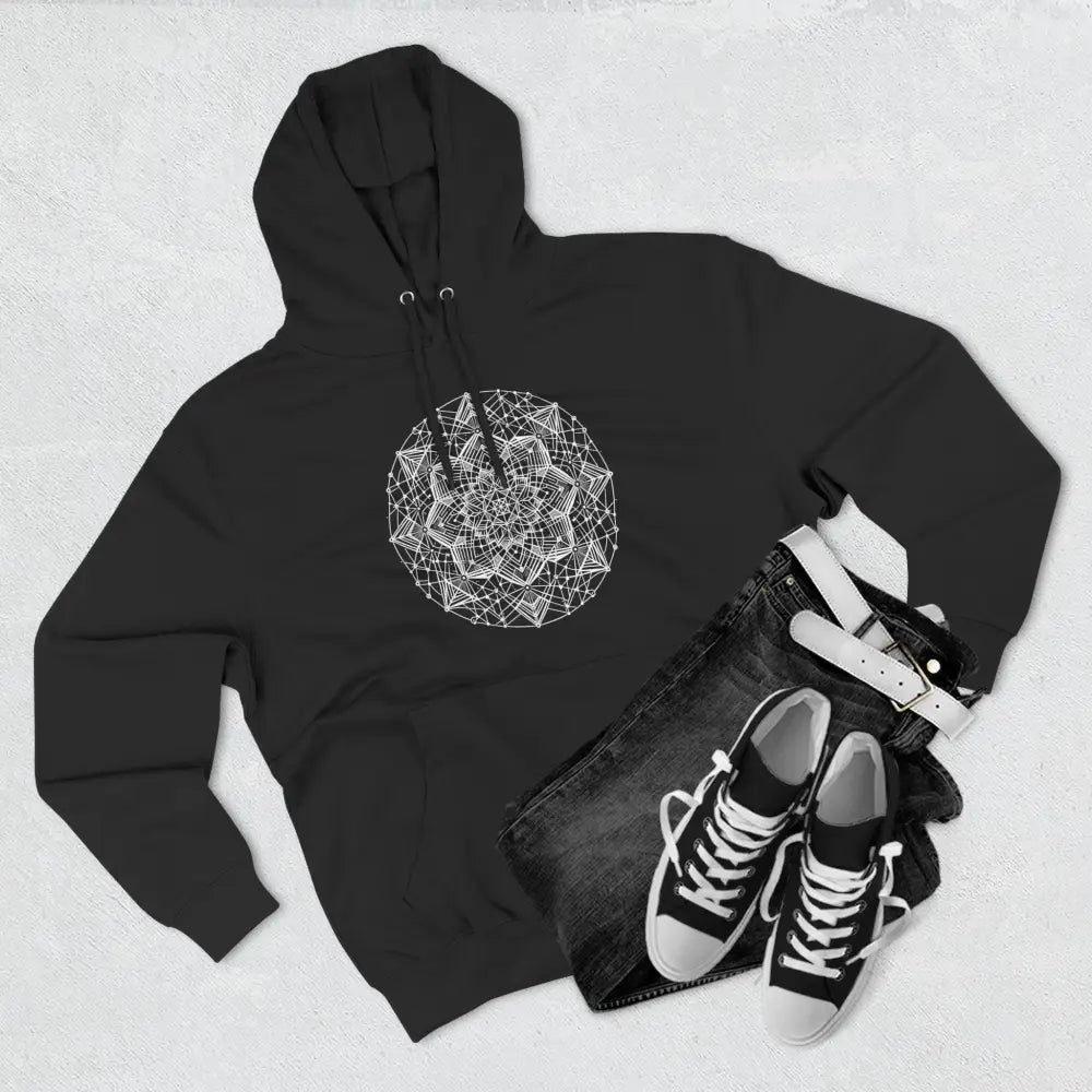 Black three-panel fleece hoodie with white circular mandala design and adjustable hood
