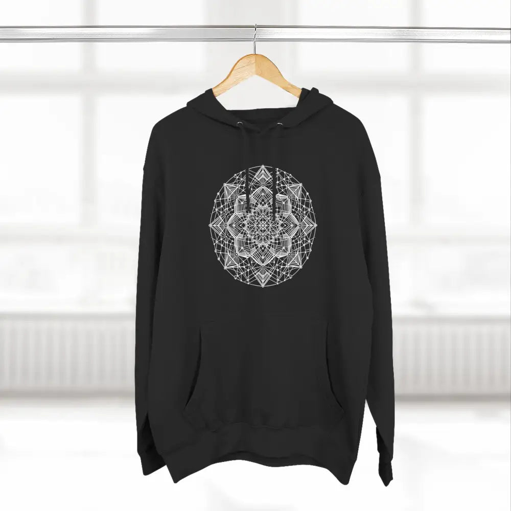 Black hoodie with white mandala design, three-panel fleece hoodie, adjustable hood for cozy comfort